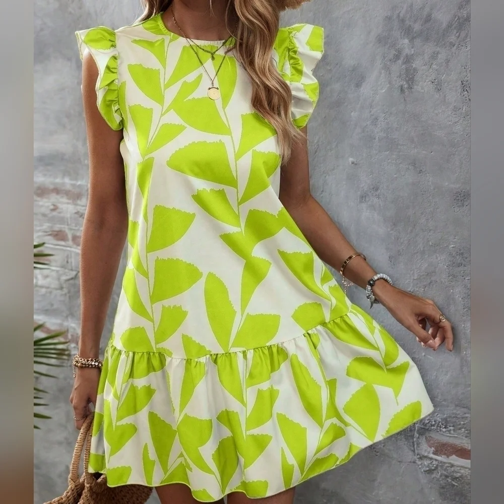 Leaf Print Ruffle Trim Smock Dress - Picture 4 of 4